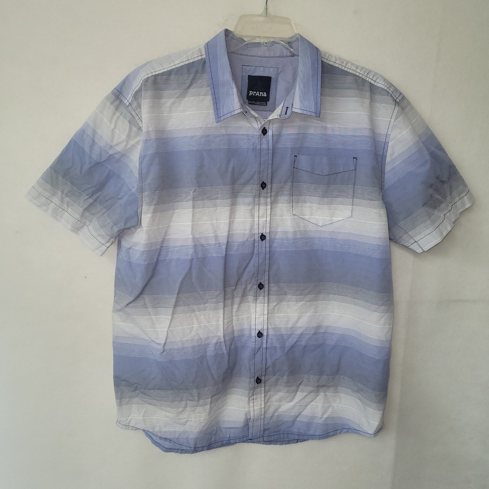 Prana Mens XXL Blue Grey Ombre Stripe Short Sleeve Button Down Shirt M11181357